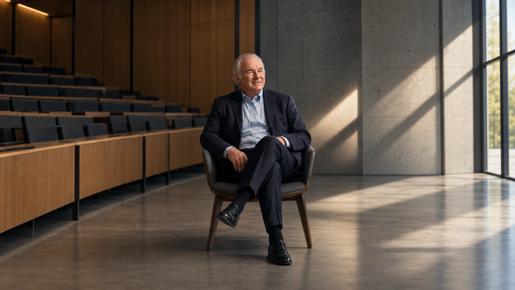 David seated in a lecture hall, his whole figure framed by rows of wooden desks and afternoon light.