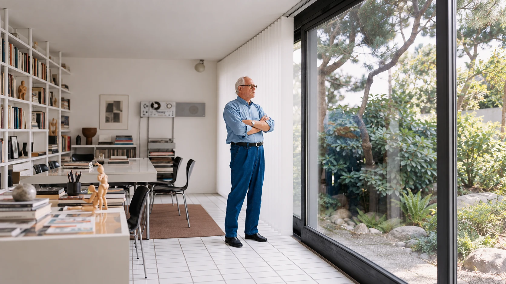 Arthur in a blue shirt standing beside a garden window, surrounded by the objects and furniture of his studio.