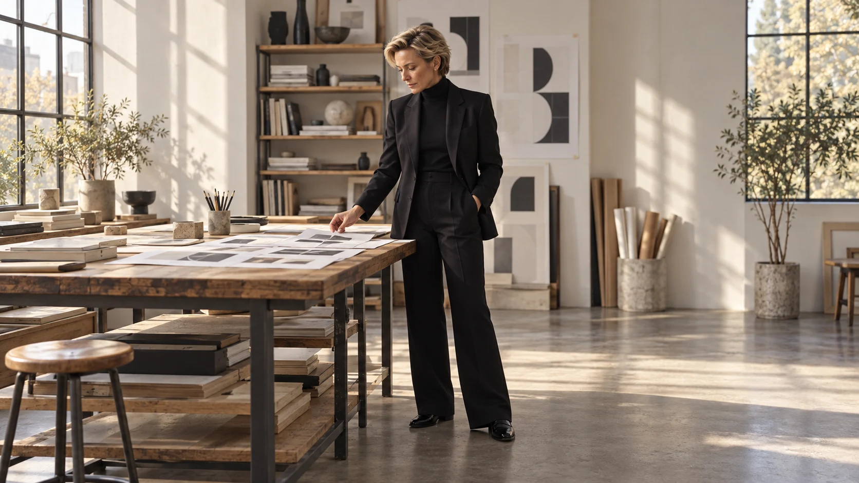 Lena Voss examining typography studies at a wooden worktable, her full figure framed by the windows and shelves of her design studio.