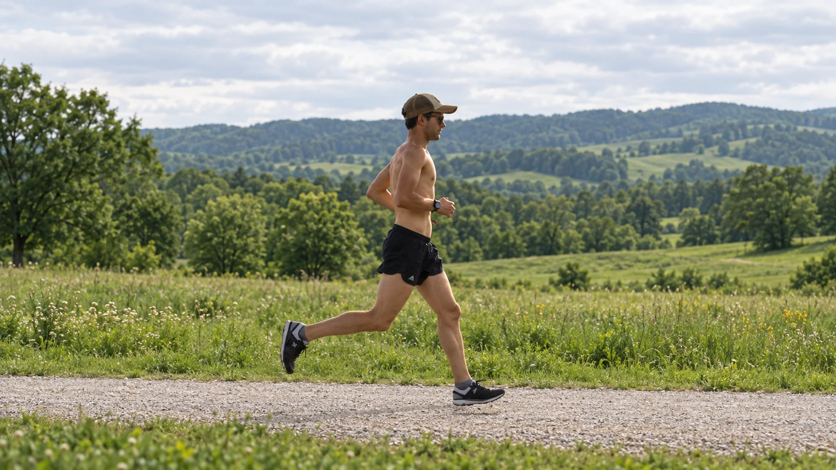 Luca running centrally along a gravel trail, his full stride visible against green meadows, trees and rolling hills.
