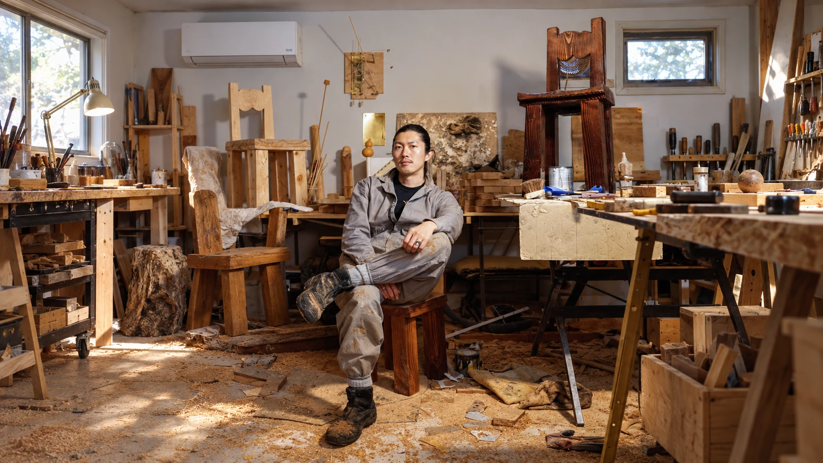 Mina seated among wooden chairs, workbenches and tools, with both boots and the workshop floor visible.