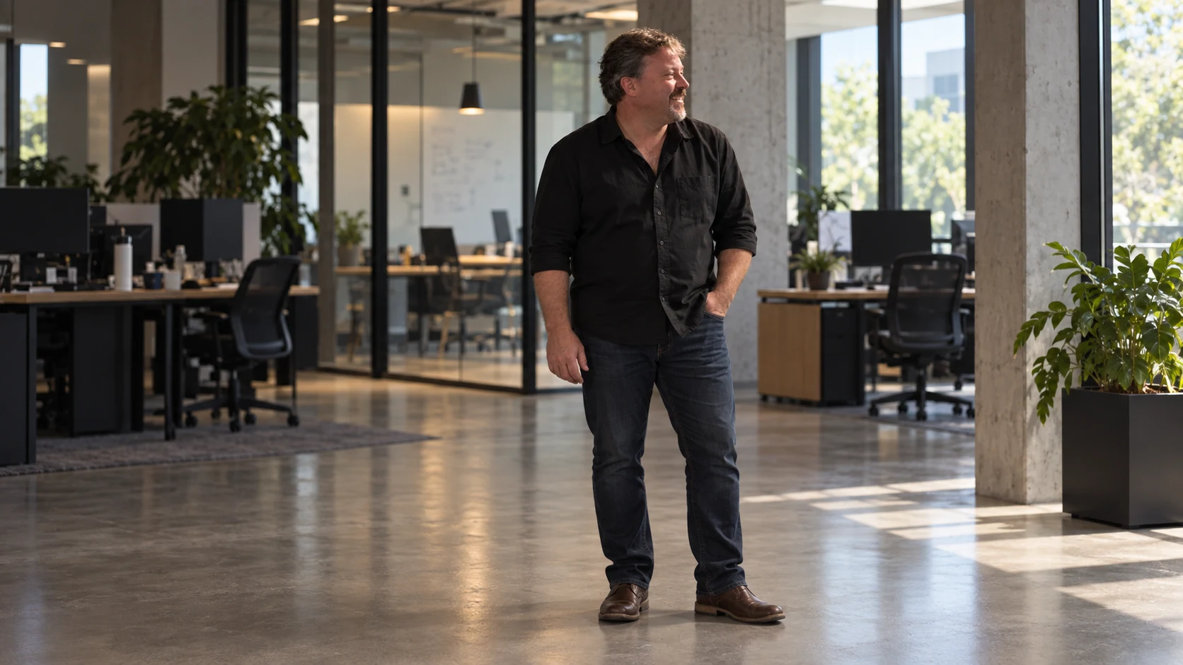 Illustrative editorial portrait of Steve Outtrim standing in a daylight software office.