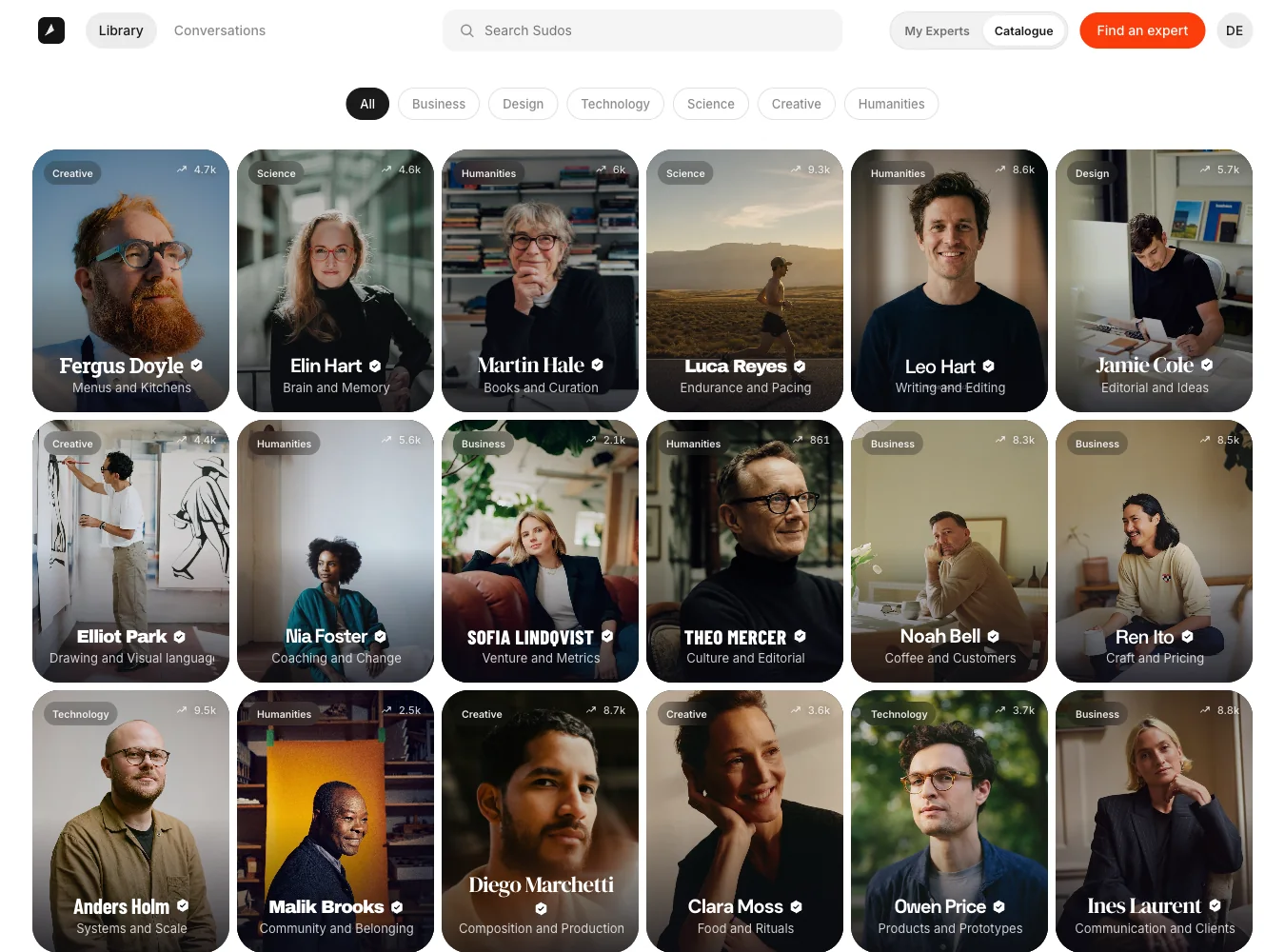 The expert library: a grid of verified Sudo Twins, filterable by field